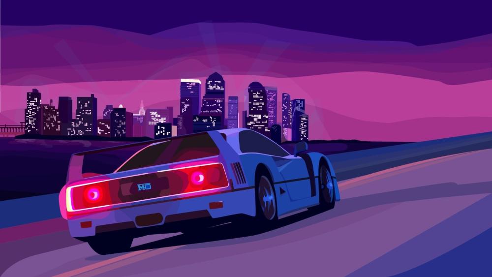 Ferrari F40 Night Drive in Neon Synthwave Skyline wallpaper