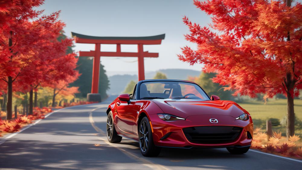 Autumn Miata Roadster Cruising Under Crimson Maple Canopy wallpaper