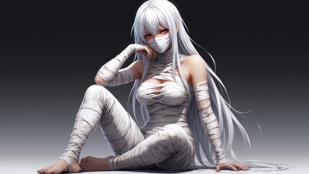 Silver Haired Gothic Mummy Girl with Crimson Eyes in Ultra HD wallpaper
