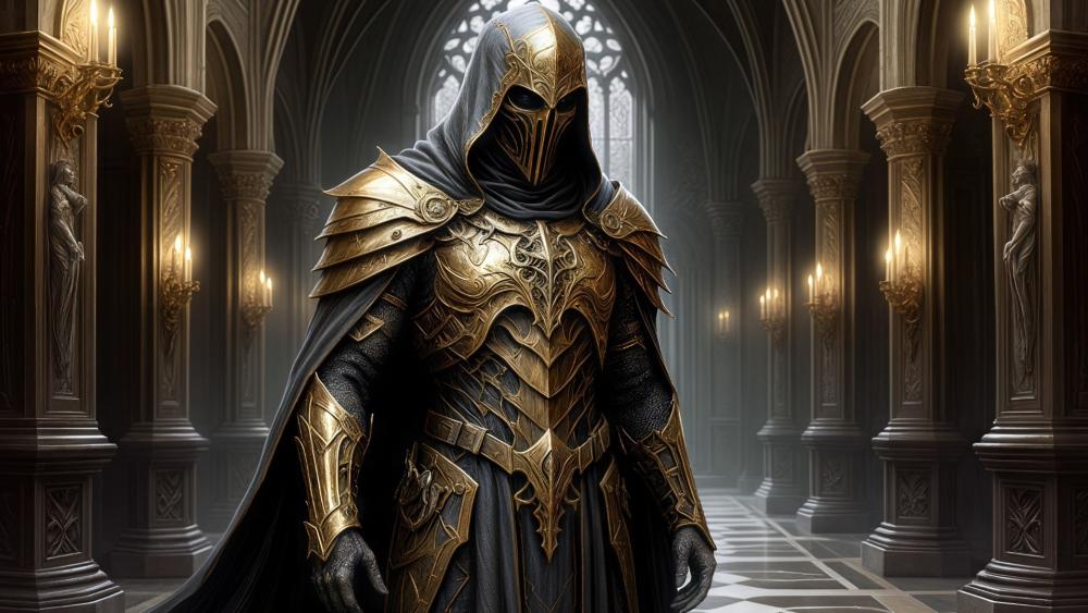 Gilded Hooded Knight in Cathedral Hall of the Castle wallpaper