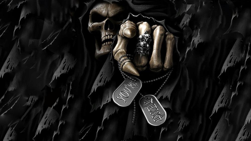 Ominous Hooded Reaper with Skull Hand and Afterlife Dog Tags wallpaper