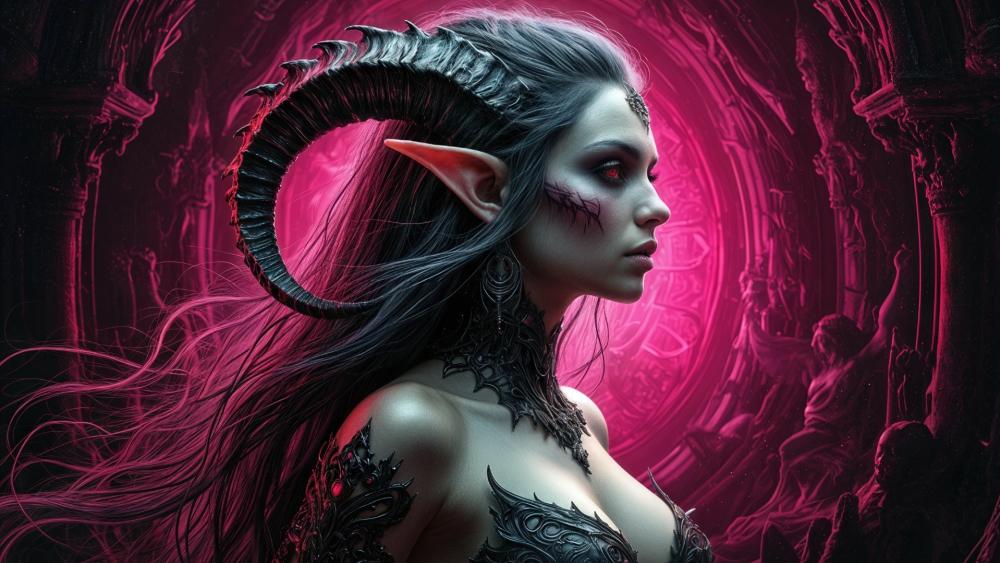 Horned Gothic Sorceress Before the Arcane Portal of Crimson Night wallpaper