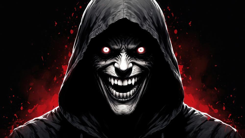 Hooded Nightmare with Glowing Eyes and a Wicked Grin wallpaper