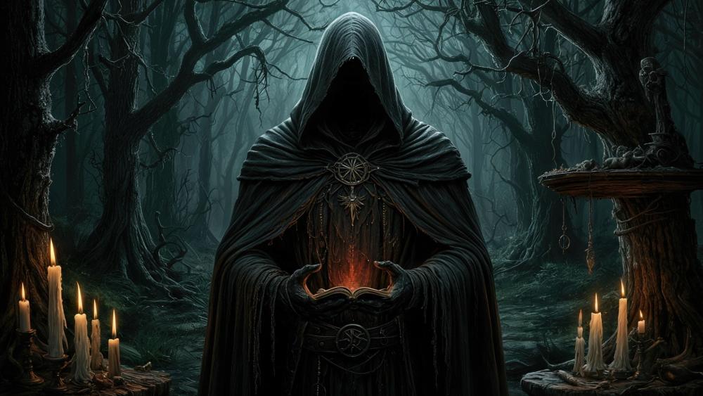 Faceless Hooded Sorcerer Summoning Arcane Fire In a Gothic Forest wallpaper