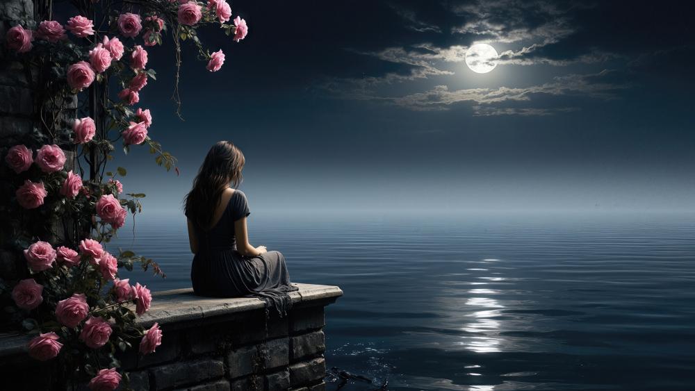 Moonlit Solitude by the Silent Sea at Dusk wallpaper