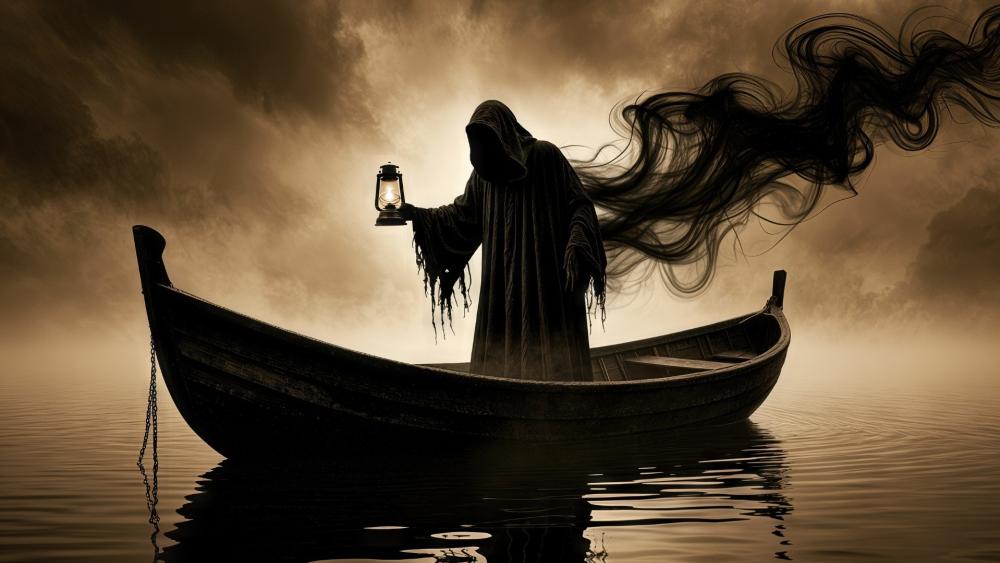 Lantern of the Styx The Hooded Ferryman in Twilight Mist wallpaper
