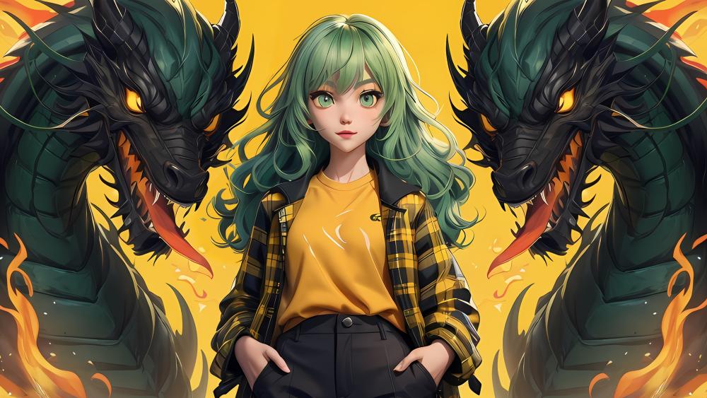 Green Haired Anime Girl Between Twin Fire Dragons in Symmetry wallpaper