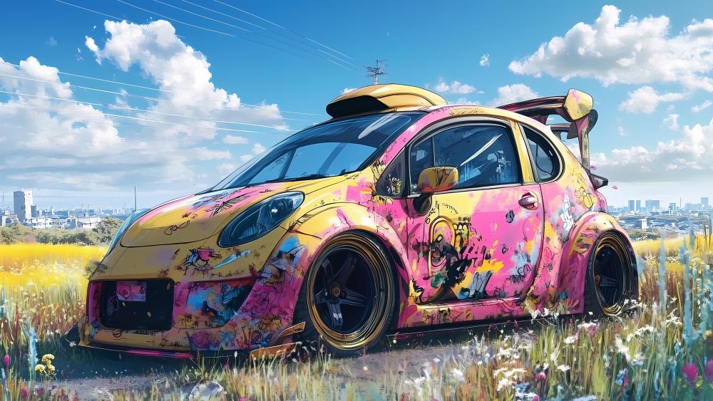 Vibrant Anime Road Trip Car Under Fluffy Summer Clouds wallpaper