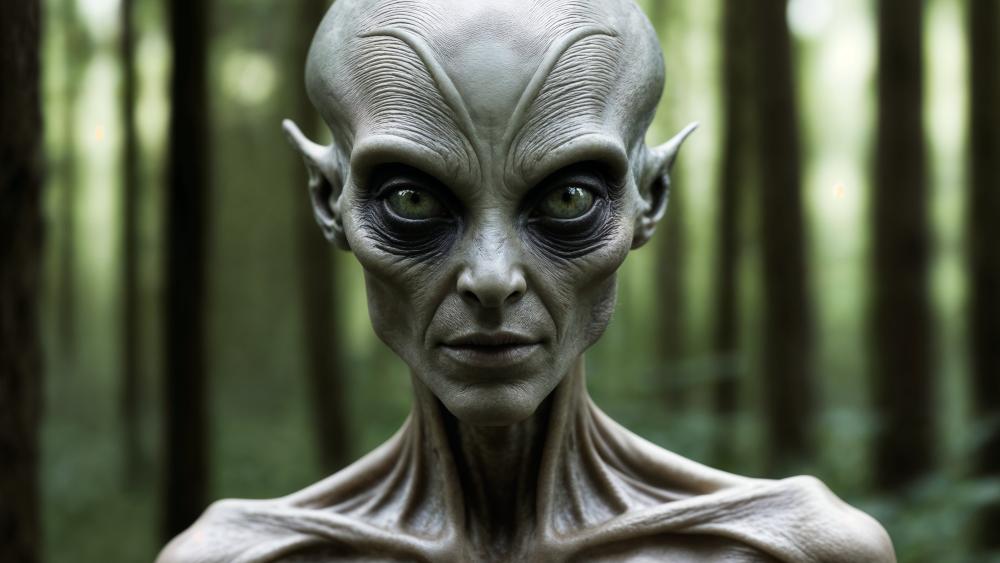 Silent Gray Alien Guardian in the Misty Forest wallpaper