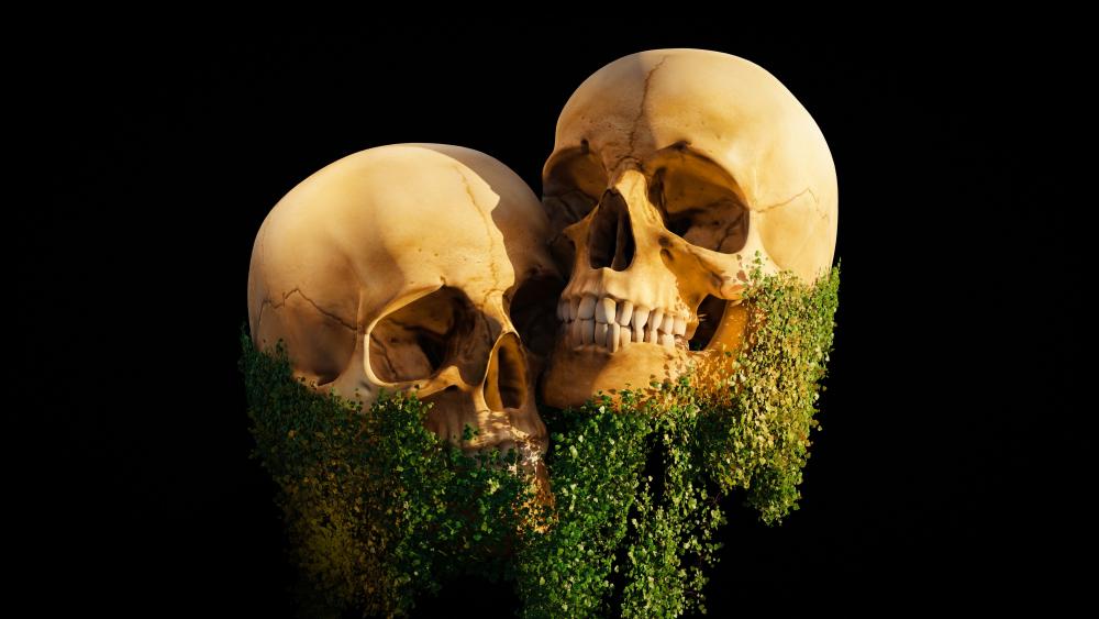 Eternal Ivy Embrace of Twin Skulls in Gothic Rebirth wallpaper