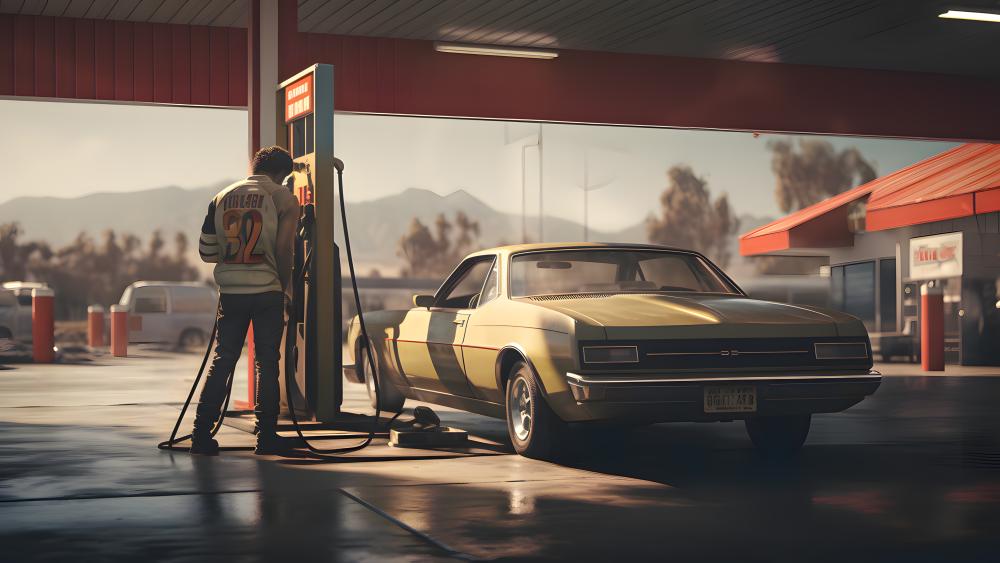 Sunset Refuel with a Classic Muscle Car at a Retro Gas Station wallpaper
