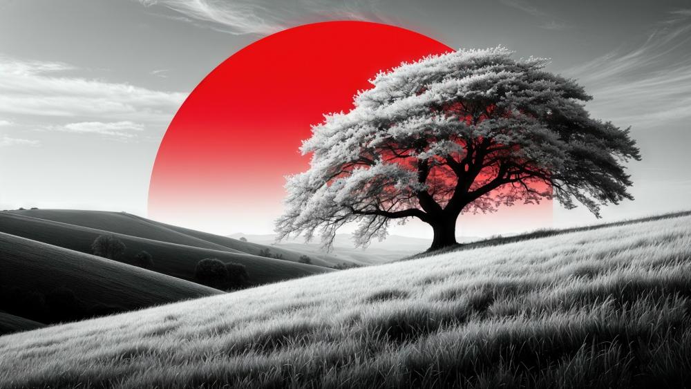 Crimson Sun Over the Lone Ancient Tree in Silent Hills wallpaper