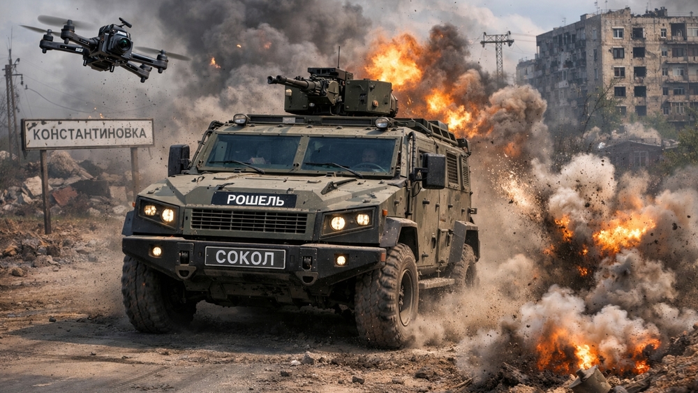 Armored Vehicle and Tactical Drone Charging Through Burning Ruins wallpaper