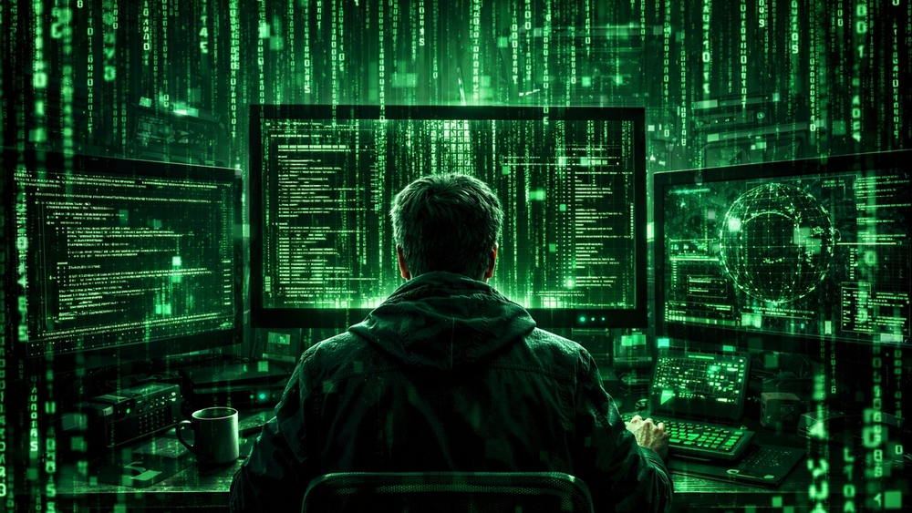 Cyberpunk Coder Workstation in Digital Rain Matrix Glow wallpaper