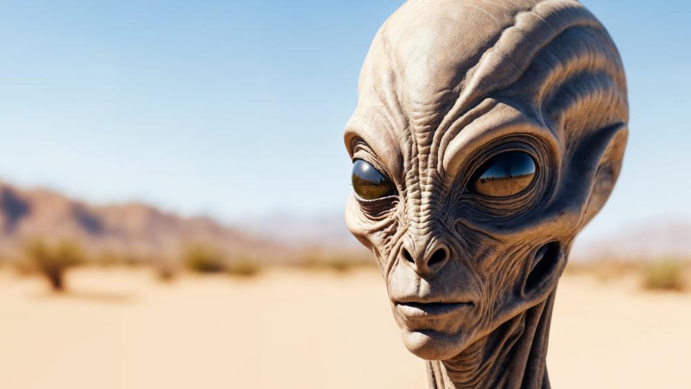 Otherworldly Desert Visitor Under Endless Sky 4K Sci Fi Fantasy Wallpaper wallpaper