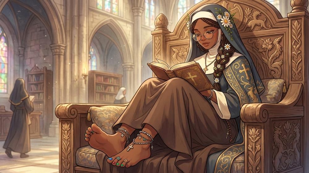 Serene Anime Nun Reading Sacred Scripture in Sunlit Cathedral Library wallpaper