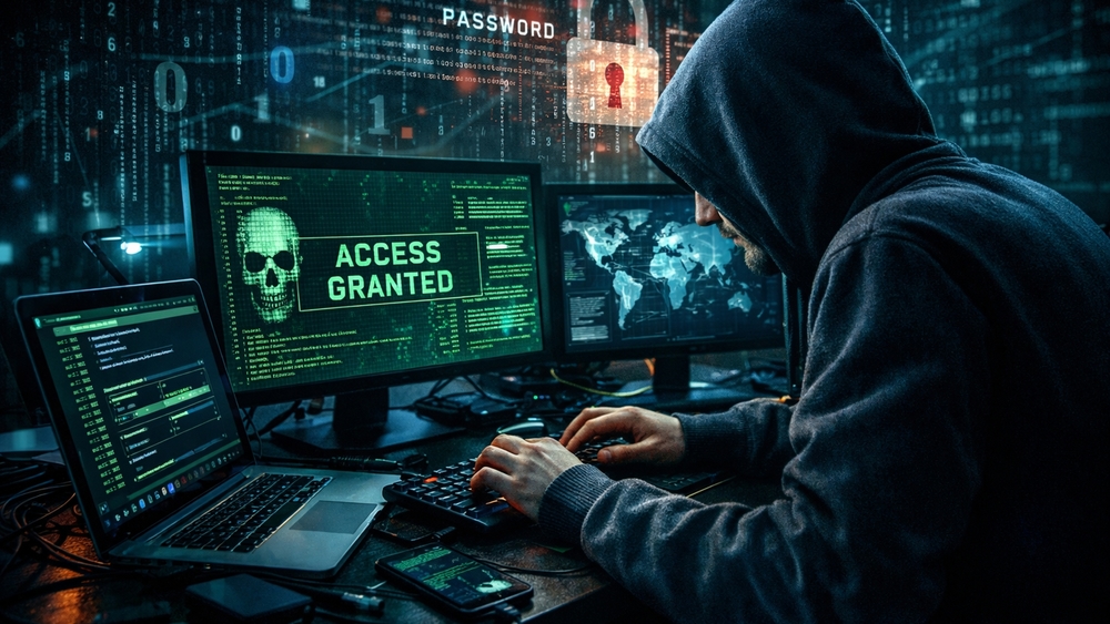 Cyberpunk Hacker Workstation with Digital Rain and Access Granted Screen wallpaper