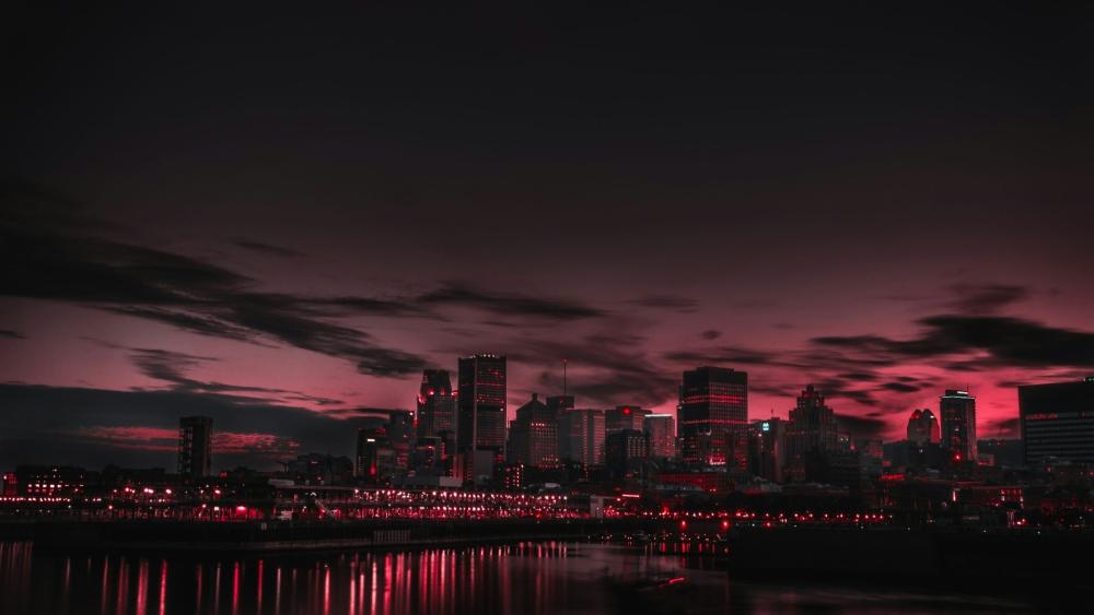 Crimson Twilight City Skyline Reflections Over the River wallpaper