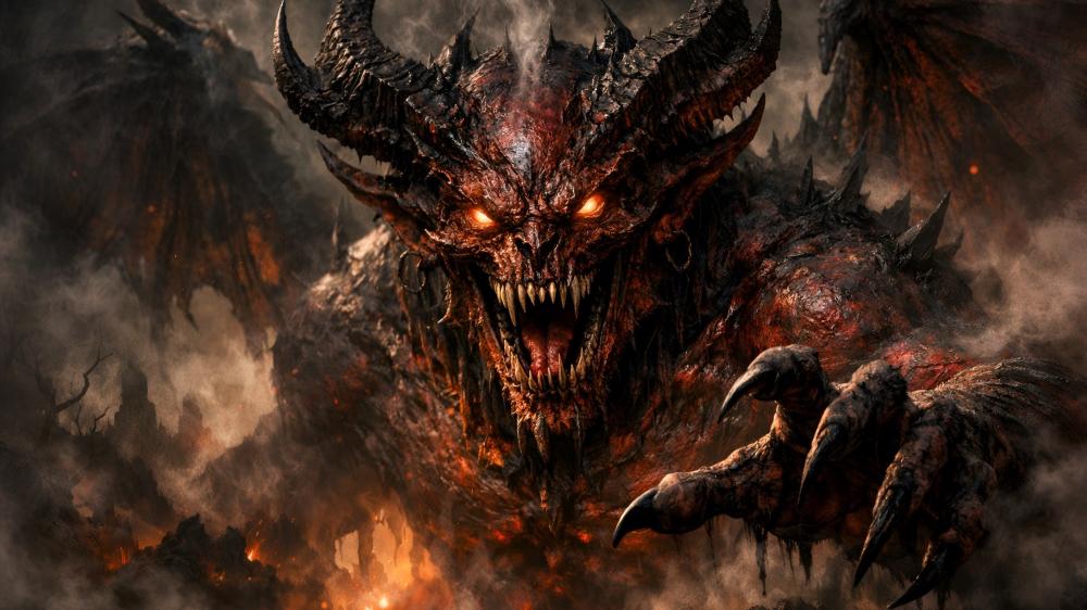 Infernal Horned Fiend Rising Through Smoke and Embers wallpaper