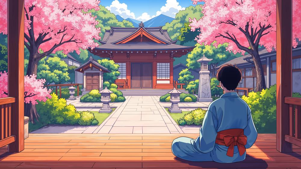 Serene Spring Shrine Garden Anime Scene in Traditional Yukata wallpaper