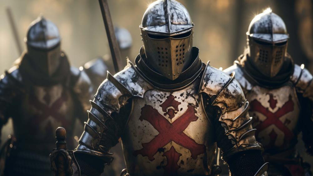 Cinematic Crusader Knights in Battle Worn Armour Under Golden War Light wallpaper