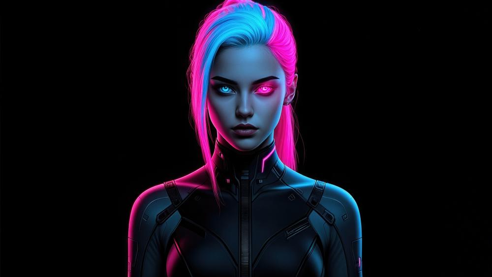 Neon Heterochromia Cyborg Siren in Synthwave Night wallpaper
