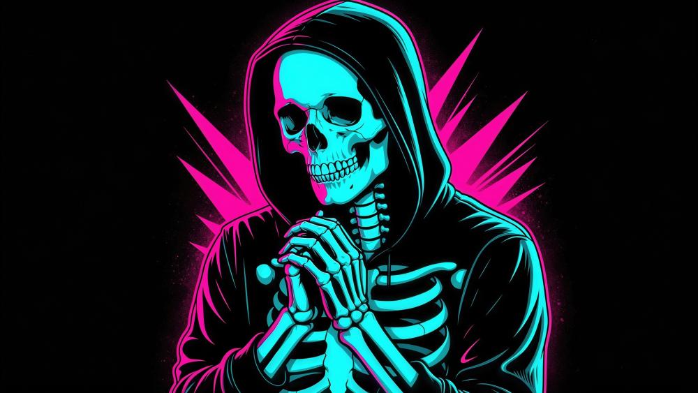Neon Hooded Skeleton Reaper in Synthwave Gothic Fantasy Glow wallpaper