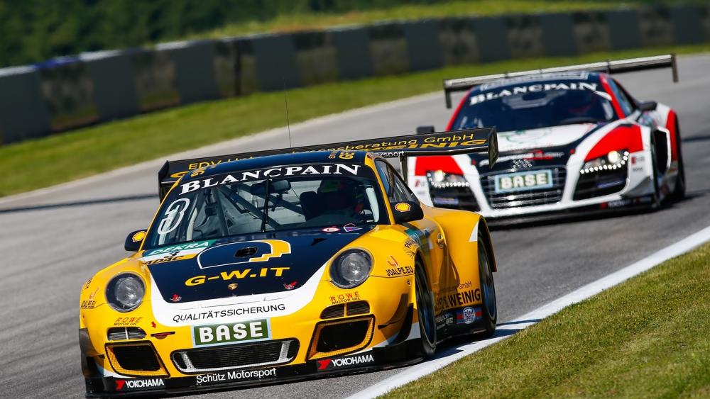 Porsche 911 GT3 Leads Audi R8 LMS in High Speed Duel wallpaper