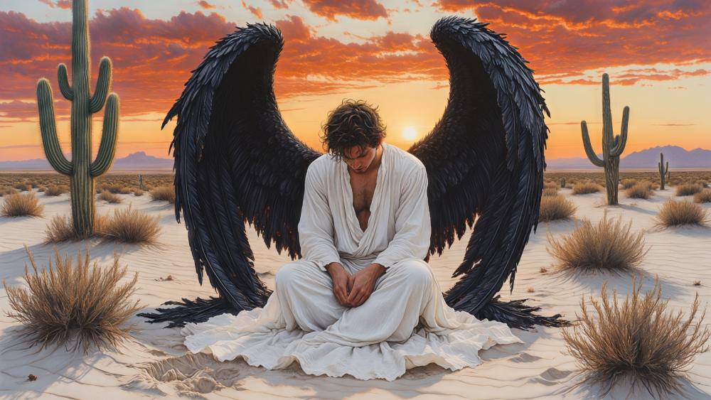 Fallen Angel With Black Wings Resting in Desert Dawn Light wallpaper
