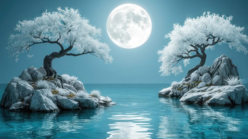 Moonlit Lagoon Between Frosted White Trees on a Mystical Island wallpaper