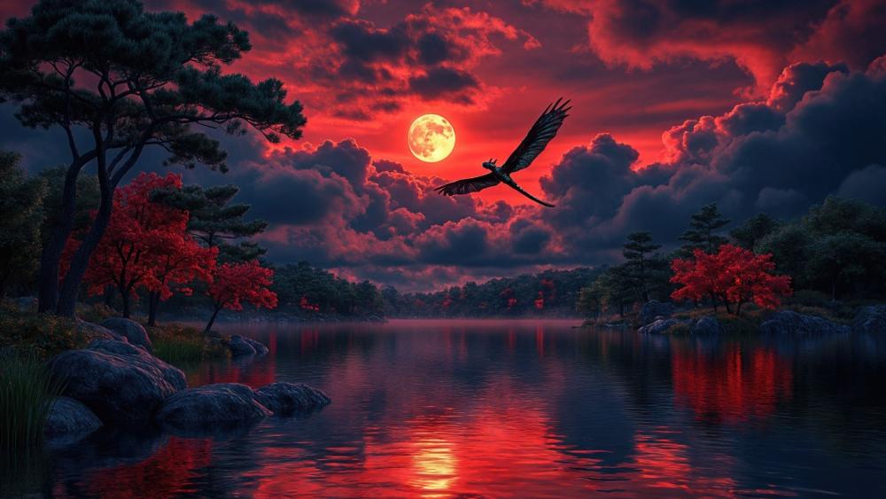 Phoenix Flight Beneath the Blood Moon Over a Crimson Dreamscape Lake wallpaper