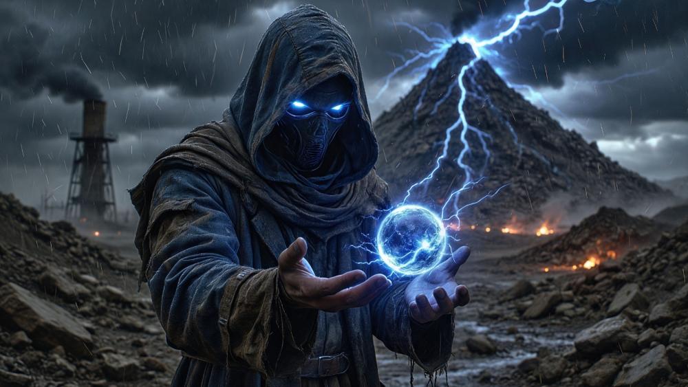 Hooded Storm Necromancer Conjuring an Arcane Lightning Orb wallpaper