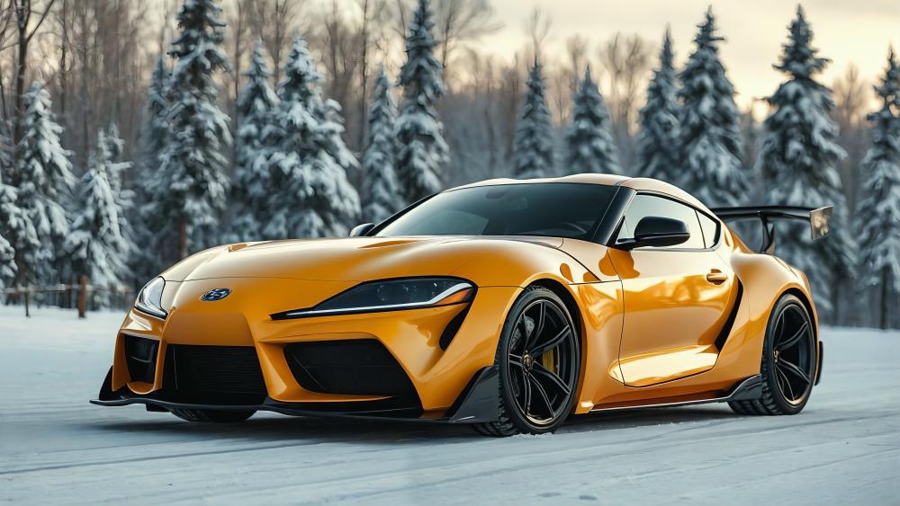Yellow Toyota Supra JDM Supercar on Snowy Forest Road 5K Wallpaper wallpaper