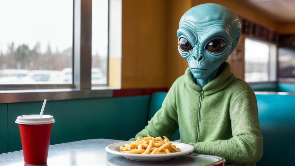 Deadpan Grey Alien Enjoying Fast Food Fries in a Retro Diner wallpaper