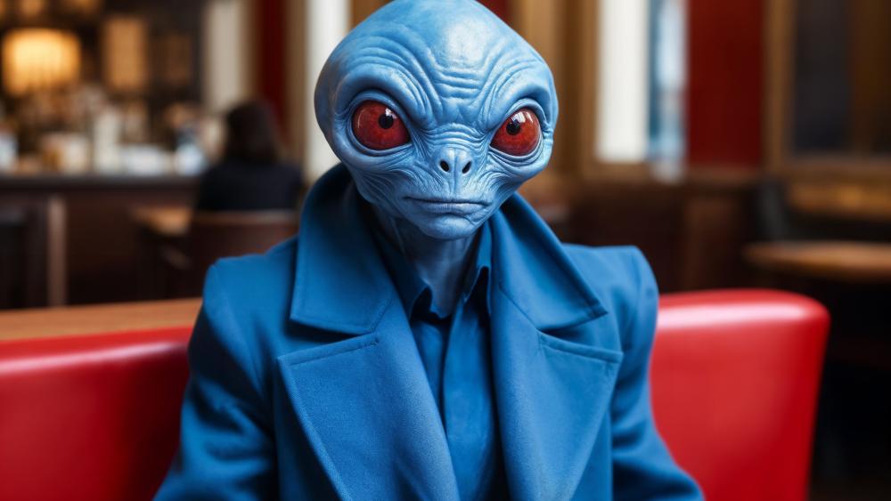 Deadpan Blue Alien in a Diner Big Eyes Meme Wallpaper wallpaper