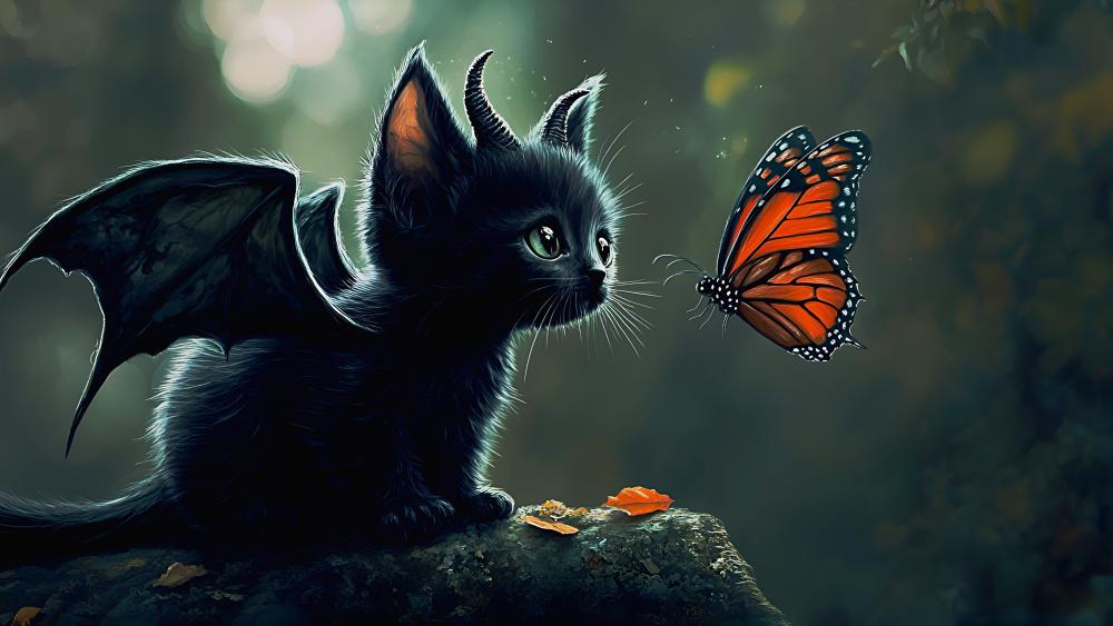 Whimsical Dragon Kitten Meets a Butterfly in Dreamy Forest Glow wallpaper
