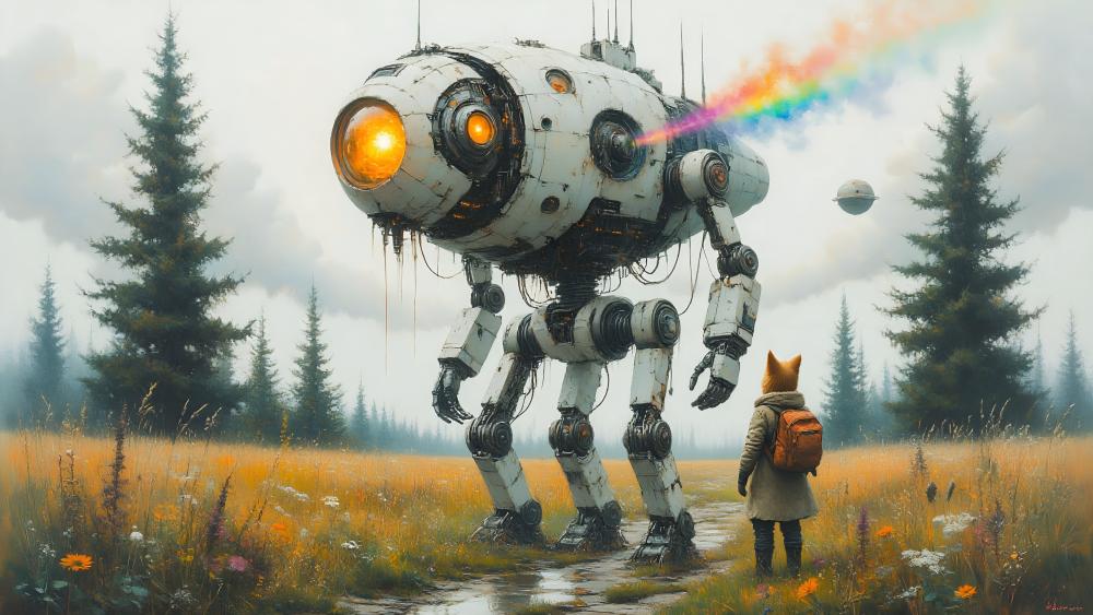 Rainbow Exhaust Mech and Fox Wanderer in Misty Retro Future Meadow wallpaper