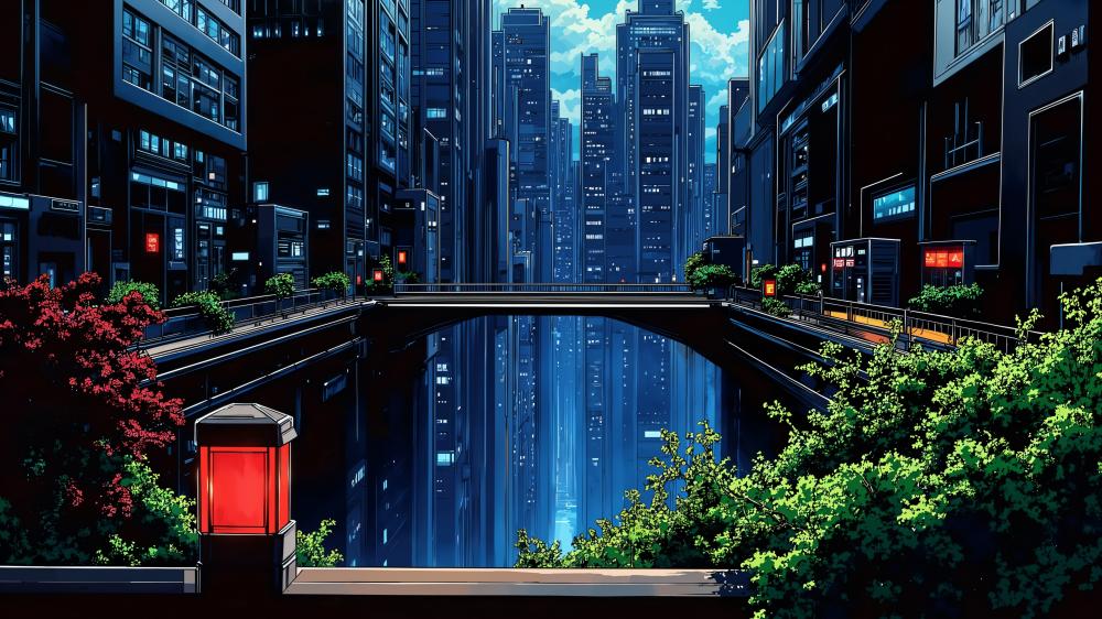 Neon Reflections Over a Silent Cyberpunk Canal in Anime Metropolis wallpaper