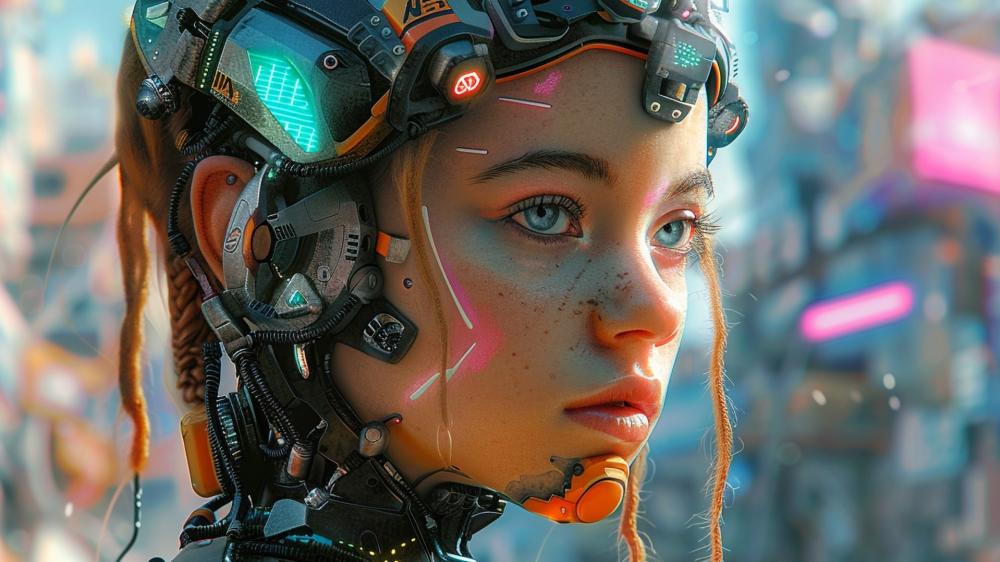 Technologically Advanced Female Humanoid Portrait in Neon Cyberpunk Fantasy wallpaper