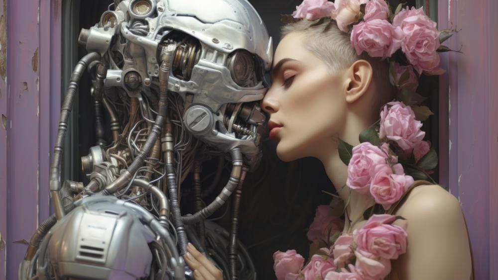 Petals Against Chrome A Futuristic Love Moment in Soft Glow wallpaper