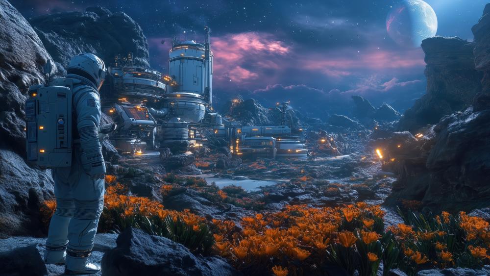 Starlit Frontier Outpost Among Alien Blooms and Distant Moons wallpaper