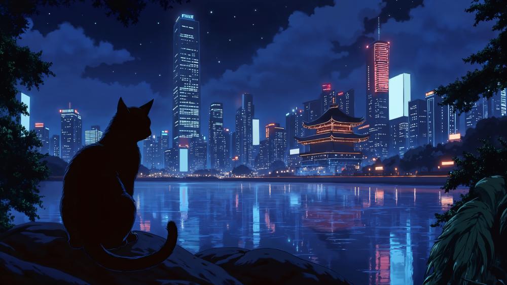 Silhouetted Black Cat Watching Neon City Reflections at Midnight wallpaper