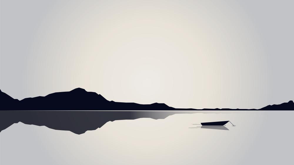 Minimal Monochrome Lake Silhouette with Lone Boat in 8K wallpaper