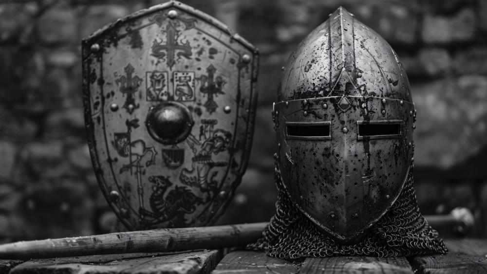 Monochrome Crusader Armor Helm and Shield of a Medieval Warrior wallpaper