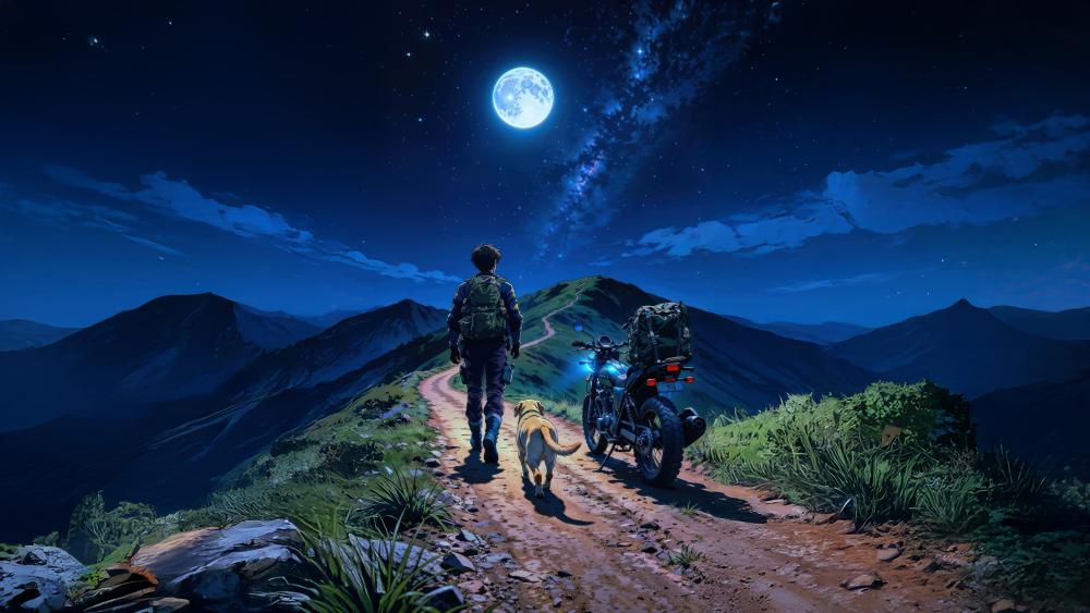 Moonlit Alpine Ridge Adventure with Anime Traveler and Loyal Dog wallpaper