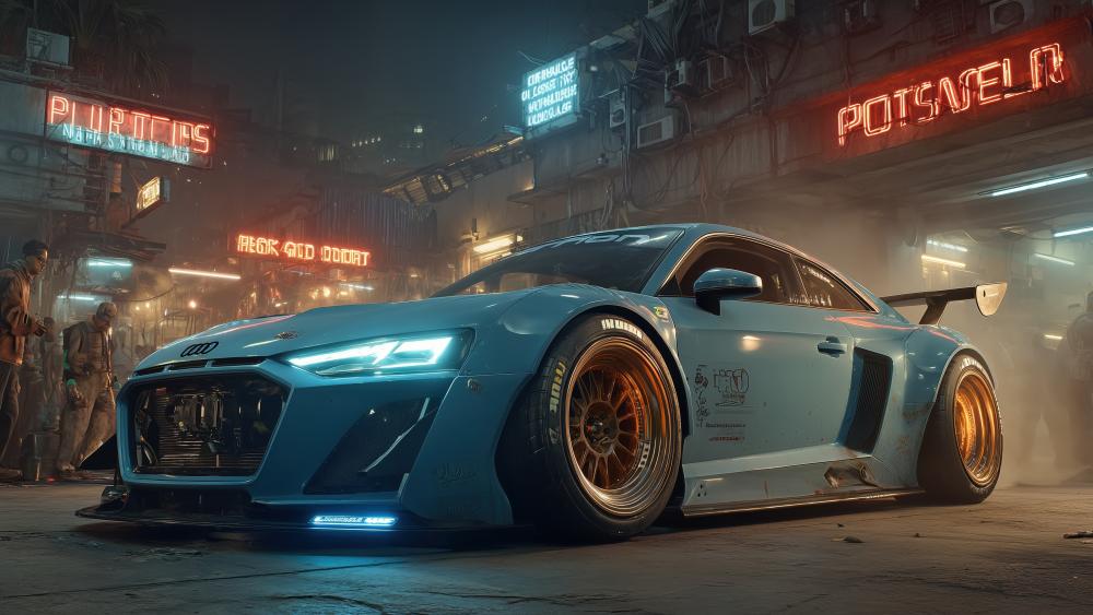 Cyberpunk Audi R8 Street Racer in Neon Night wallpaper