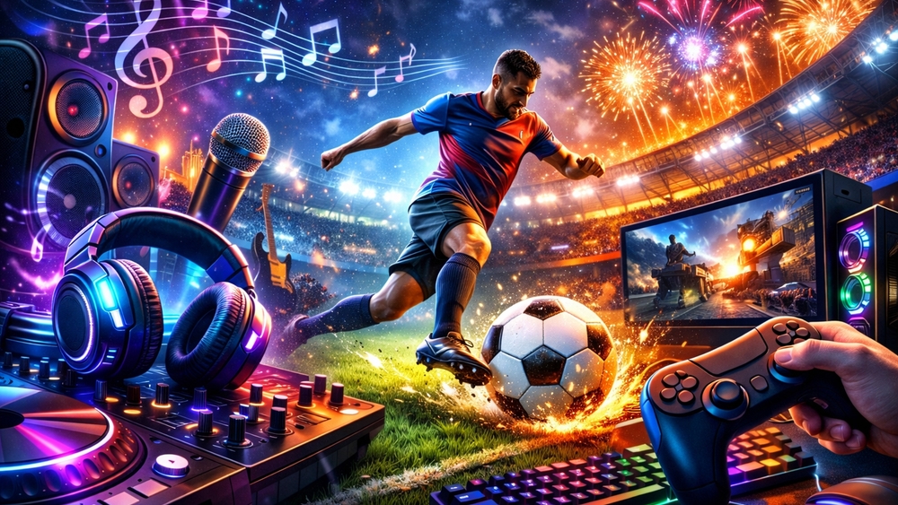 Neon Gamer Soccer Showdown in a Fireworks Stadium wallpaper
