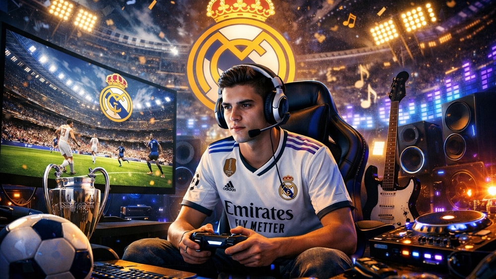 Ultimate Football Gamer Vibes in a Neon Stadium Room wallpaper