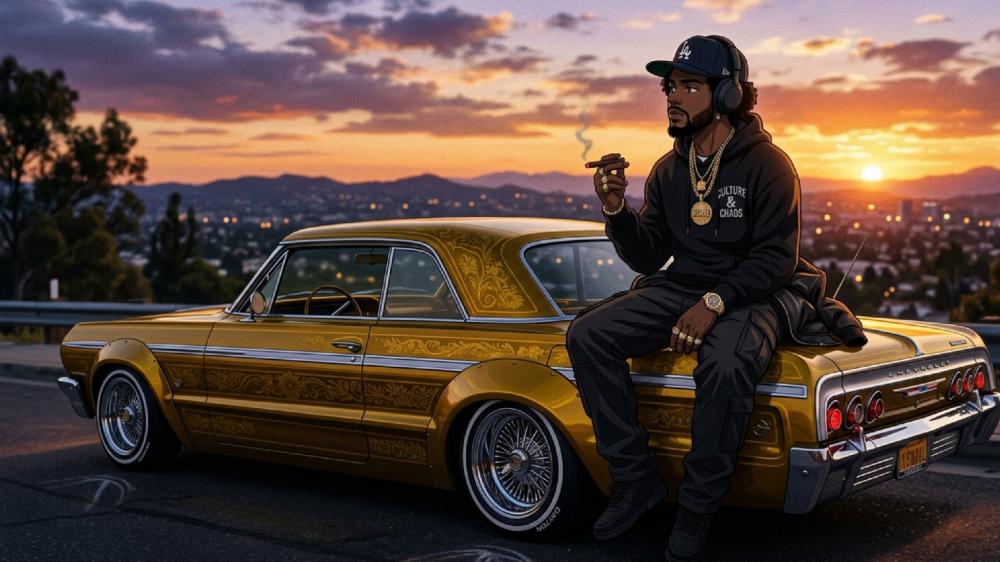 Golden Lowrider Sunset with Afro Anime Rider and Lofi City Glow wallpaper