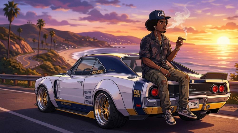 California Coastal Sunset Cruise Anime Lofi Streetwear Vibes wallpaper
